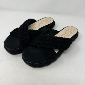 Beach By Matisse Kalani Natural Raffia Flatform Sandals Black Slip-On Size 9